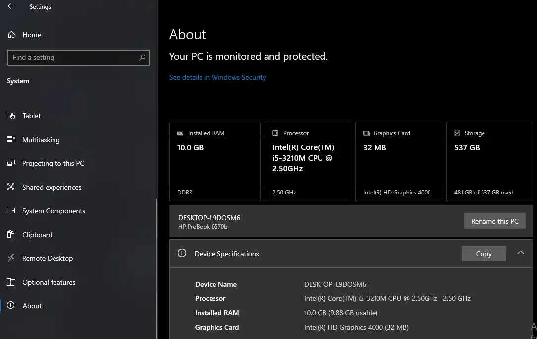 Windows Settings &lsquo;About&rsquo; page displaying device specifications including processor and installed RAM.