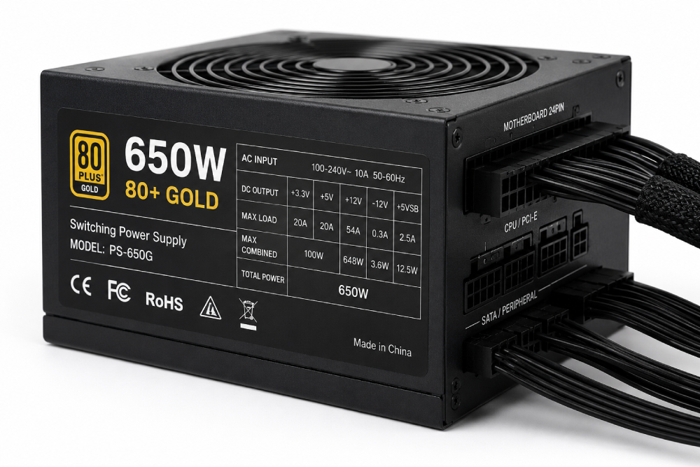 Power supply unit showing wattage label and connectors